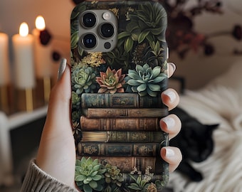 Vintage Book Lover Phone Case with Succulents - Botanical Book Stack Phone Cover for iPhone 16 15 14 13 12, Samsung S25 S24 S23 Plus,Ultra