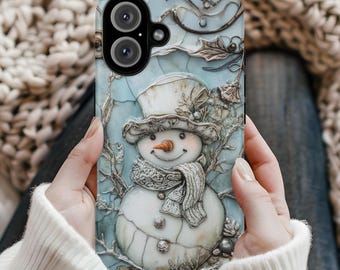 Vintage Snowman Art Phone Case, Winter Christmas Cover