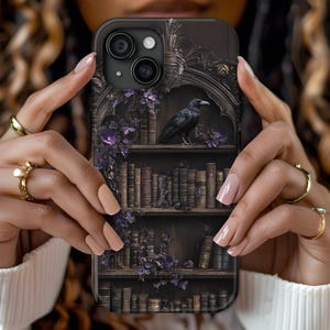 Vintage Bookshelf Aesthetic Phone Case - Gothic Raven Phone Case -  Dark Academia Gothic Books Phone Cover for iPhone, Samsung