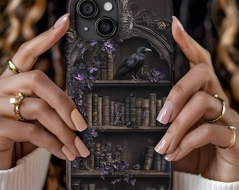 Gothic Raven boekenplank telefoonhoesje: donkere academische stijl