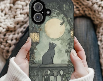 Funda de teléfono con diseño de gato negro gótico: Luna de brujas, noche mística