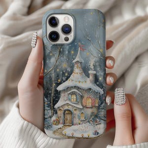 かわいい雪のクリスマスハウスの電話カバー、気まぐれな冬のコテージの電話ケース、iPhone 16、15、14、13、Samsung S25 S24plus、Ultra用の冬のデザイン