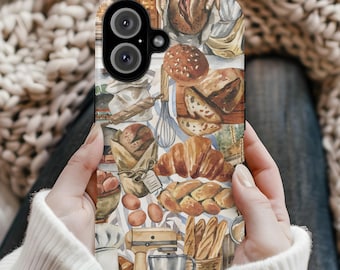 Bakery Phone Case iPhone 16 15 14 13&Samsung S25 S24,Cute Bread and Pastry Food Illustration Case,Aesthetic Baking Phone Cover