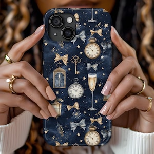 May include: A navy blue phone case featuring a repeating pattern of gold and silver bows, clocks, keys, lanterns, champagne flutes, and stars. The case has a glossy finish and a dark blue background.