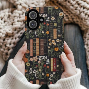 Book Lover Floral Phone Case,Aesthetic Bookshelf iPhone & Samsung Cover, Vintage Dark Academia Floral Case, Cute Gift for Readers