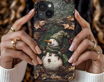 Snowman Phone Case,Christmas with Pinecones,Holly, Vintage Winter Holiday