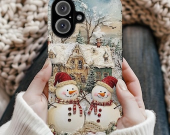 Cute Snowmen Phone Case ,Vintage Christmas Phone Case,Holiday Phone Cover for iPhone 16,15 14 13 12 11,Samsung S24,S23,Plus,Ultra