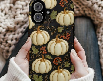 Funda para teléfono con diseño de calabaza, diseño de calabaza blanca otoñal, funda con diseño de cosecha de Acción de Gracias, funda con diseño floral otoñal.