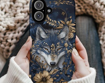 Wolf Phone Case - Floral Wolf Design, Boho Aesthetic Phone Cover for iPhone 16 15 14 13 12 , Samsung S24 S23Plus,Ultra