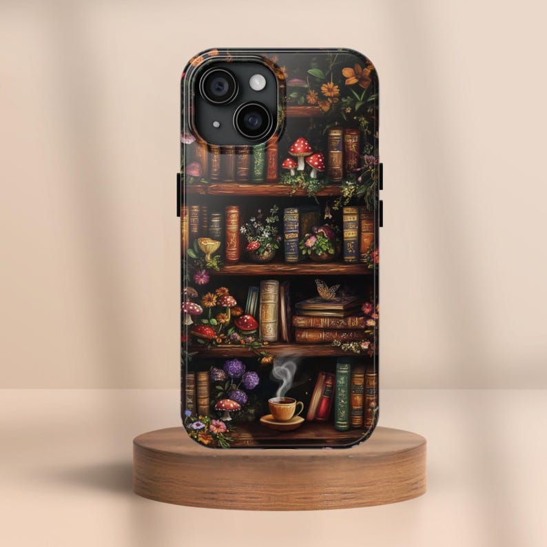 Vintage Bookshelf Phone Case: Dark Academia Coffee & Mushrooms image 3