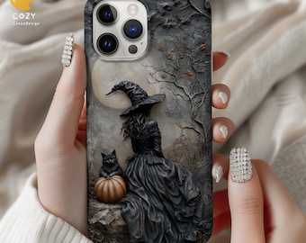 Gothic Witch Phone Case: Dark Fantasy Black Cat & Pumpkin Cover