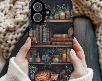 Funda para teléfono con diseño de gato: Diseño floral de estantería vintage