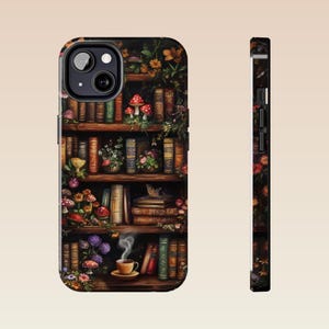 Vintage Bookshelf Phone Case: Dark Academia Coffee & Mushrooms image 5