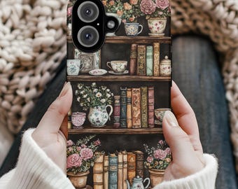 Telefoonhoesje met bloemenboekenplank – vintage boek, esthetiek, beschermhoes