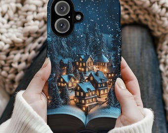 Etui na telefon z motywem świątecznej wioski – świąteczna zimowa noc, etui z motywem śnieżnego domku na iPhone'a 16 15 14 13 12 i Samsunga S24 plus, Ultra