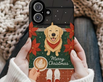 Golden Retriever Christmas Phone Case: Coffee & Poinsettia Holiday Cover