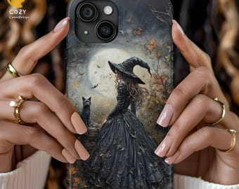 Personalized Gothic Witch Phone Case: Black Cat Magsafe Cover