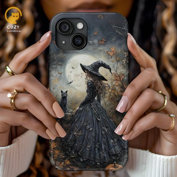 Personalized Gothic Witch Phone Case: Black Cat Magsafe Cover