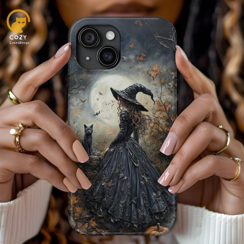 Personalized Gothic Witch Phone Case: Black Cat Magsafe Cover image 1