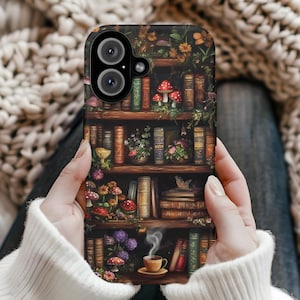 Vintage Bookshelf Phone Case: Dark Academia Coffee & Mushrooms image 1