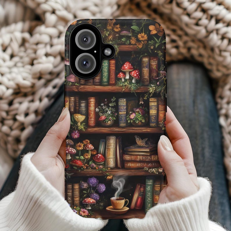 Vintage Bookshelf Phone Case: Dark Academia Coffee & Mushrooms image 1