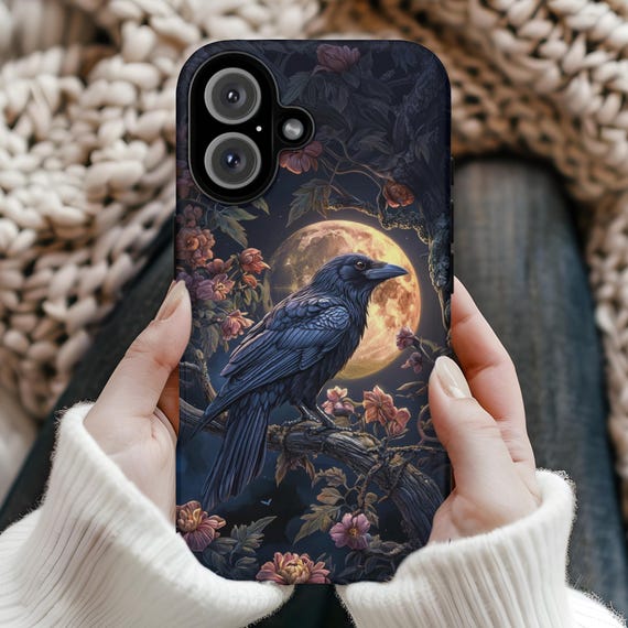 Gothic Raven Moon Phone Case: Spooky Floral Art, iPhone & Samsung