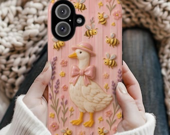 Cute Goose Phone Case, Pastel Duck with Bow & Bees, Kawaii Cottagecore Floral iPhone Case, Aesthetic Pink Phone Cover