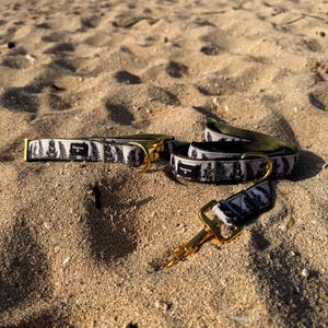 Dog Collar and Leash Set - Army Green Interior, Foliage Print, Gold Zinc Alloy Hardware