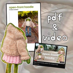 May include: A digital download pattern for knitting a frog wearing a brown open-front hoodie with a pink skirt. The pattern includes a PDF and video tutorial. The text on the image reads "open-front hoodie" and "Open-front hoodie pattern for knitted frogs".