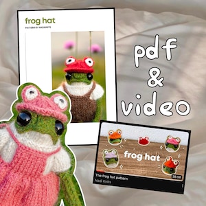 May include: A crochet frog hat pattern with a PDF and video tutorial. The pattern includes instructions for making a green frog with a red hat and a pink hat. The video tutorial is 38 minutes and 58 seconds long.