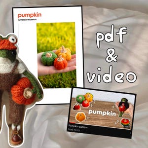 May include: A crochet pattern for a knitted pumpkin. The pattern includes a PDF and a video tutorial. The video is 31:51 minutes long and is titled "Pumpkin pattern Nadi Knits".