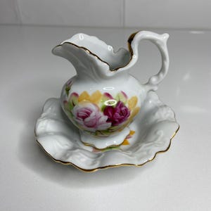 Mini Pitcher and Basin; Lefton China; Handpainted Roses; Vintage