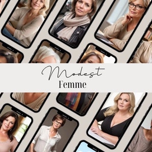 Peut inclure: Un collage d'images mettant en scène des femmes portant des vêtements modestes. Le texte "Modest Femme" est affiché au centre du collage.