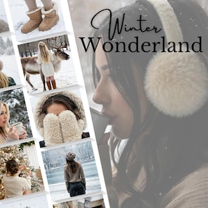 Può includere: Un collage di immagini a tema invernale, tra cui una donna con paraorecchie, persone con abiti invernali e una renna. Il testo "Winter Wonderland" è visualizzato in una scrittura elegante.