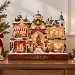 May include: A miniature Christmas village display on a wooden base featuring The Nutcracker Toy Shop, Sugar Plum Theater, Ballet Boutique, and Dance Studio. The structure includes illuminated windows, nutcracker figures, and a central archway.