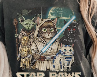 Cat Wars 90s Graphic Shirt, Retro Space Cat Comfort Colors Tee, Funny Cat Warrior Shirt, Cat Lovers Gift, Star Paw Shirt, Funny Cat Tee