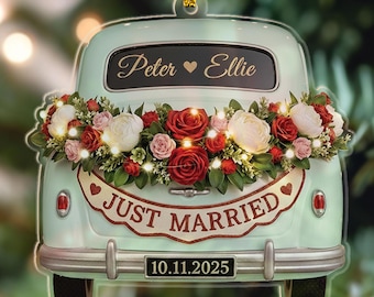 Custom Just Married Car Ornament, Personalized First Christmas Married Ornament, Mr Mrs Xmas Ornament, Christmas Keepsake Gift For Couple