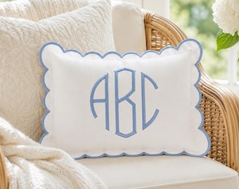 Personalized Scalloped Edge Lumbar Pillow Cover, Personalized Embroidered Throw Pillow, Bedroom Decor Pillow Cover, Monogram Pillow Cover