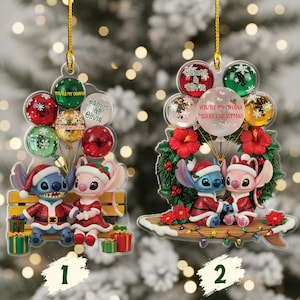 Custom Stitch and Angel Christmas Ornament, Personalized Reindeer Stitch Ornament, Cute Disney Couple Xmas Tree Decoration