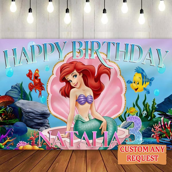 Personalized WDW The little mermaid Ariel Birthday Banner, WDW Princess Birthday Decoration, Ariel Princess Birthday Party Decor