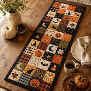 May include: A rectangular quilted table runner featuring a patchwork design of orange, black, and cream squares. The fabric squares display seasonal motifs including pumpkins, jack-o'-lanterns, black cats, bats, crescent moons, stars, and candy corn.