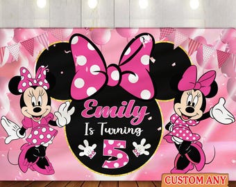 Fondo de cumpleaños personalizado de Minnie Mouse de Disney, pancarta para fiesta de cumpleaños de Minnie, decoración de pared de Minnie, pancarta de viaje de Pinky Girls de Disney