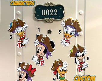 May include: A collection of Disney character stickers in pirate attire. Mickey, Minnie, Donald, Daisy, Goofy, and Pluto are featured. The stickers are on a light-colored surface with the text "CUSTOM ALL DISNEY CHARACTERS" and "CUSTOM ANY REQUESTS".