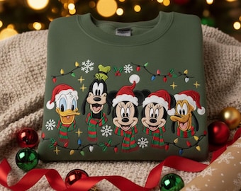 Mickey and Friends Christmas Embroidered Sweatshirt, Disney Holiday Xmas Tee, Disneyland Lights Shirt, Mickey Very Merry Christmas Sweater