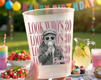 Personalized Look Who's 30 Birthday Party Frosted Cup, Custom Face Photo Birthday Party Cup,Birthday Frosted Plastic Party Cups