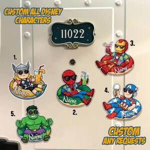 May include: A collection of custom Disney character stickers, including Thor, Spider-Man, Iron Man, Captain America, and Hulk, each relaxing on a float with a drink or ice cream. The text "CUSTOM ALL DISNEY CHARACTERS" and "CUSTOM ANY REQUESTS" are visible.