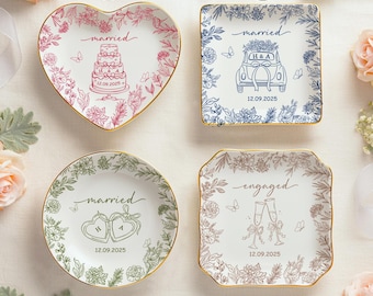Custom Engagement Ring Dish, Personalized Wedding Ring Dish, Engagement Gifts, Gift For Bride, Toile De Jouy, Wedding Gift, Married Gift