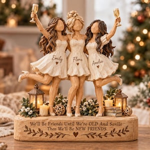 May include: A decorative figurine of three figures in white dresses holding champagne glasses, standing on a wooden base engraved with the text 'We'll Be Friends Until We're OLD And Senile Then We'll Be NEW FRIENDS' and the names Emily, Flora, and Amelia.