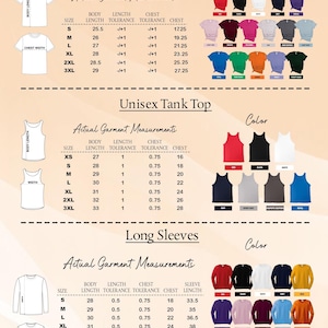 May include: A product catalog featuring Women's T-shirts, Unisex Tank Tops, and Long Sleeves. The image displays size charts with body length, chest, and sleeve measurements in inches, along with a color palette for each garment type.