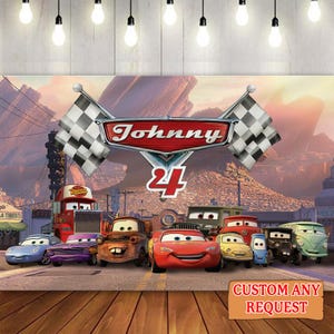 May include: A backdrop featuring cartoon cars from the movie Cars, with the name "Johnny" and the number "24" displayed prominently. The scene includes a variety of car characters, checkered flags, and a desert landscape. The text "CUSTOM ANY REQUEST" is also visible.